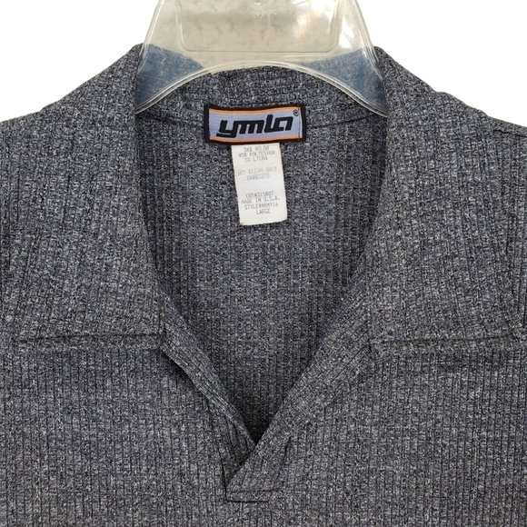 Vtg YMLA Polo Shirt Mens L Dark Gray Heathered Ribbed Short Sleeve USA Made 90s - Picture 10 of 11